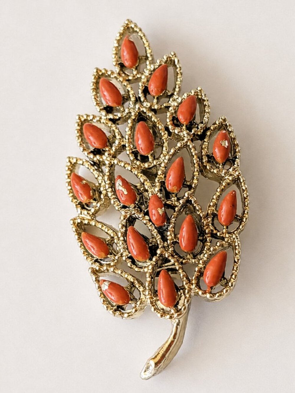Vintage 1970s Gerry's Orange open-work Fall Leaf Brooch Gold Tone Signed